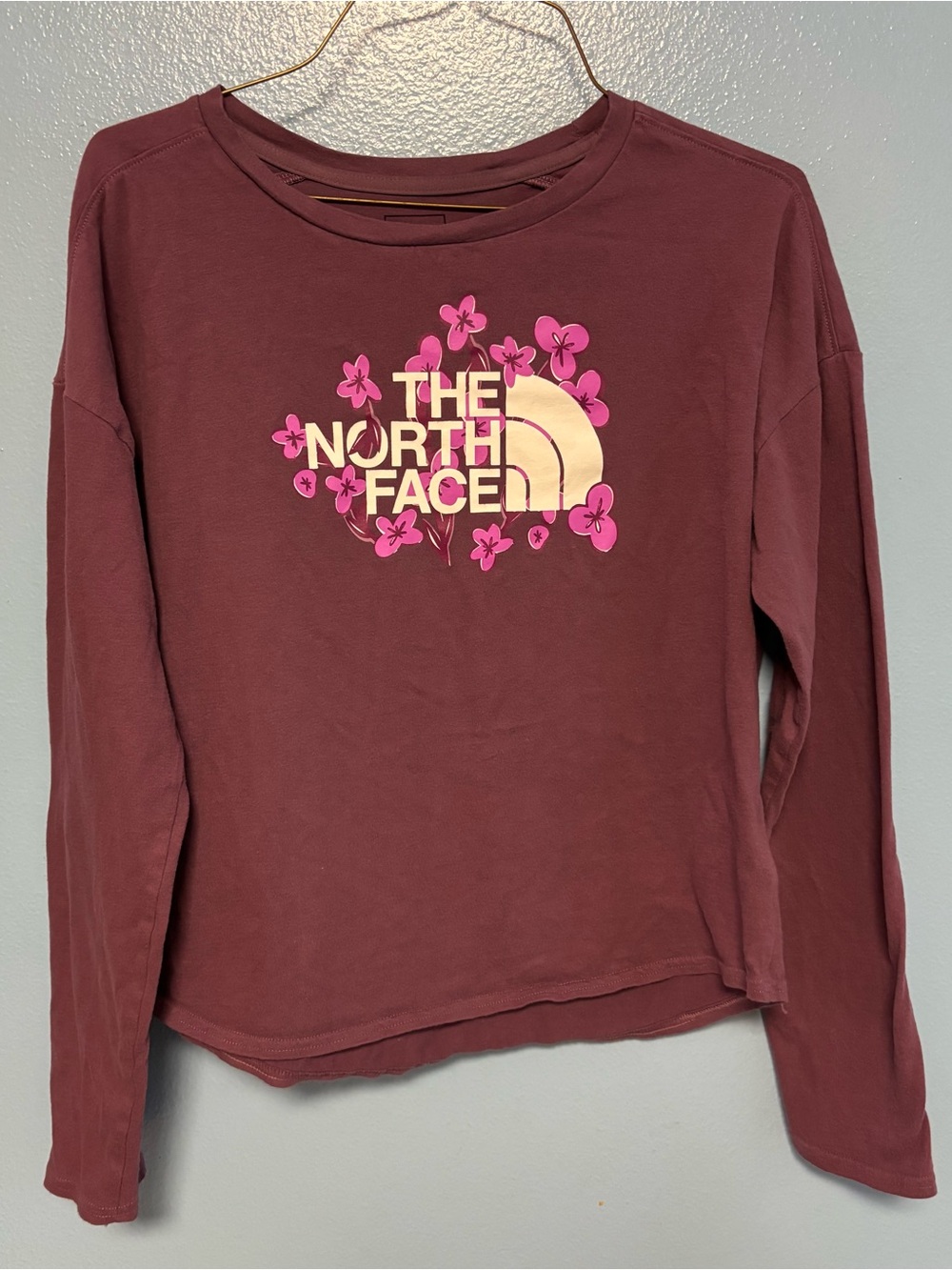 The North Face Girl’s Long Sleeve Tee - Maroon with Pink Floral Logo
